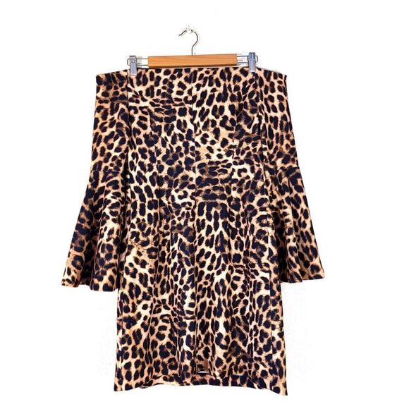 VINCE CAMUTO Trumped Sleeve Off Shoulder Mini Bodycon Dress Brown Cheetah Medium - Picture 6 of 13